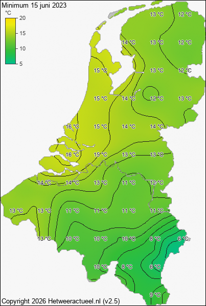 Minimum temperatuur 15 juni 2023