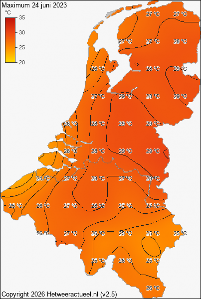 Maximum temperatuur 24 juni 2023