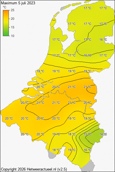 Maximum temperatuur 5 juli 2023