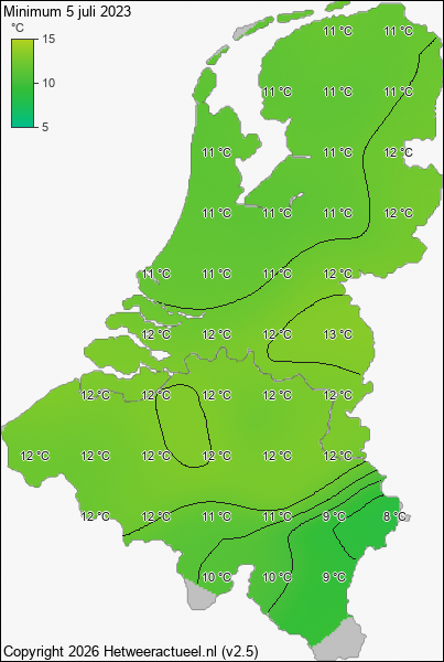 Minimum temperatuur 5 juli 2023