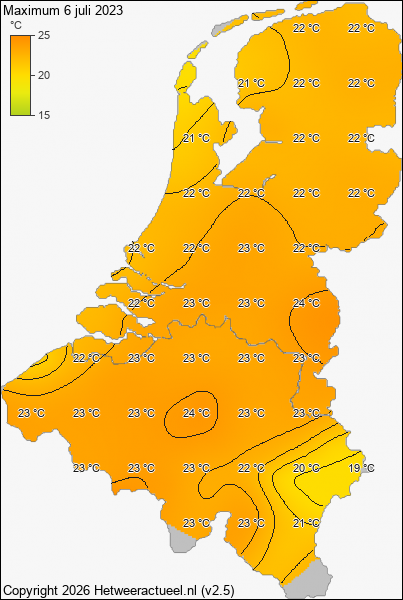 Maximum temperatuur 6 juli 2023