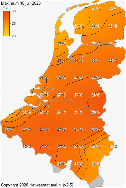 Maximum temperatuur 10 juli 2023