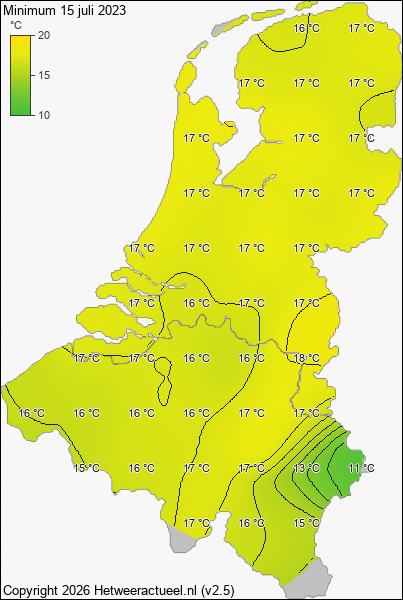 Minimum temperatuur 15 juli 2023