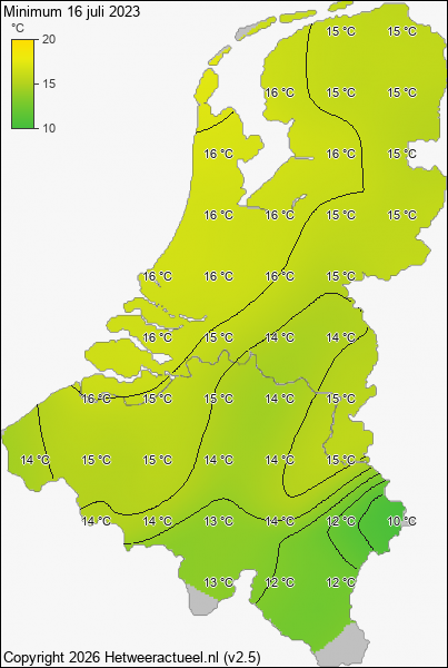 Minimum temperatuur 16 juli 2023