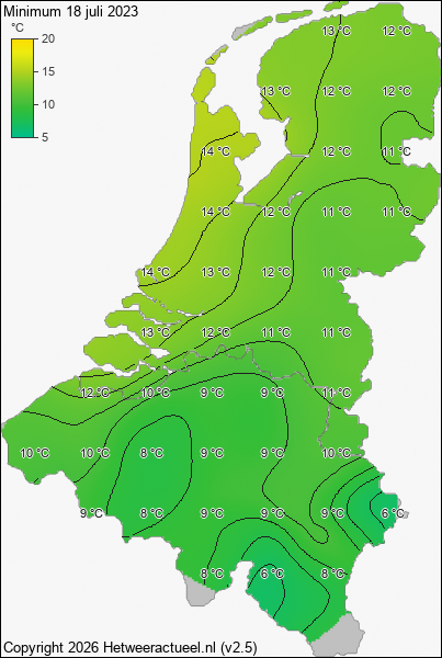Minimum temperatuur 18 juli 2023