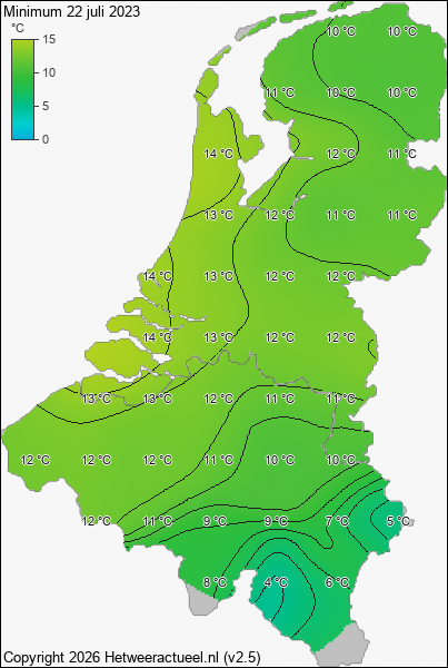 Minimum temperatuur 22 juli 2023