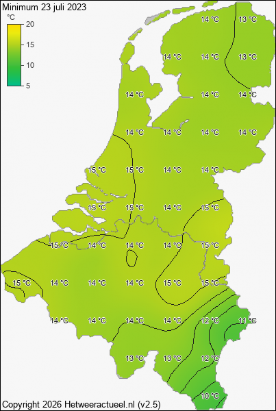 Minimum temperatuur 23 juli 2023