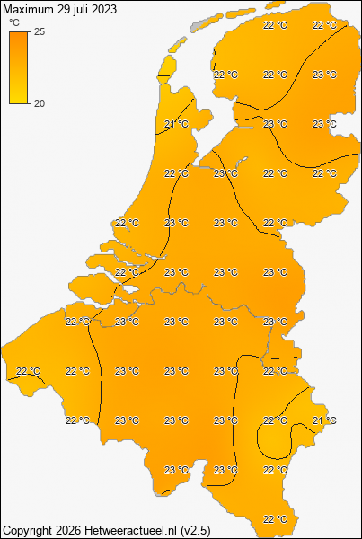 Maximum temperatuur 29 juli 2023