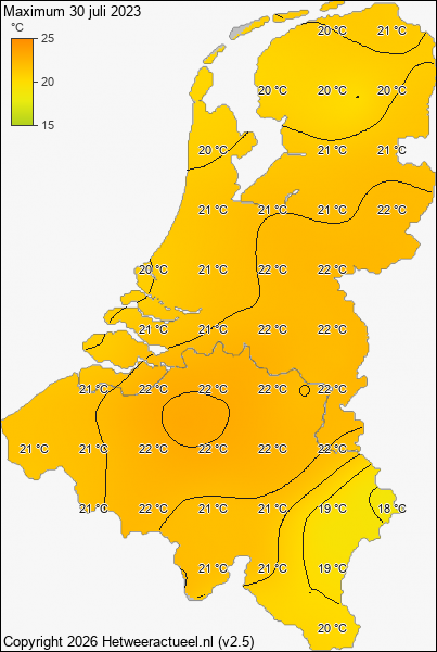Maximum temperatuur 30 juli 2023