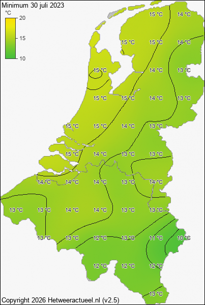 Minimum temperatuur 30 juli 2023