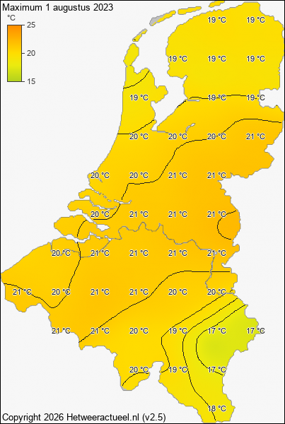 Maximum temperatuur 1 augustus 2023