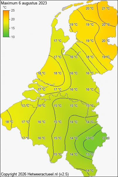 Maximum temperatuur 6 augustus 2023