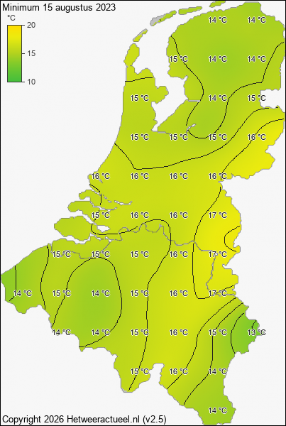 Minimum temperatuur 15 augustus 2023