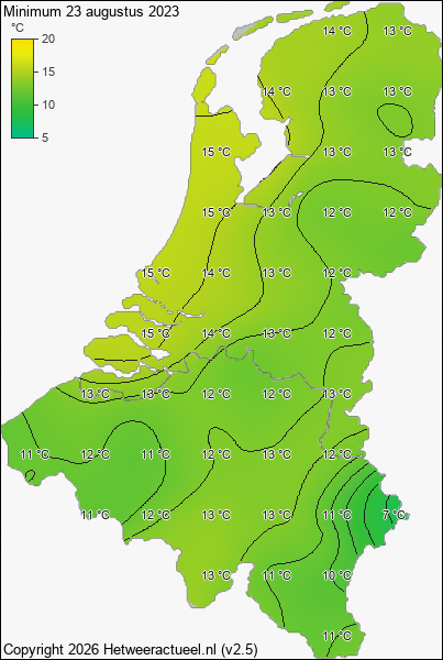Minimum temperatuur 23 augustus 2023