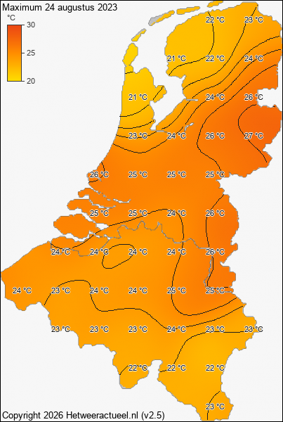 Maximum temperatuur 24 augustus 2023