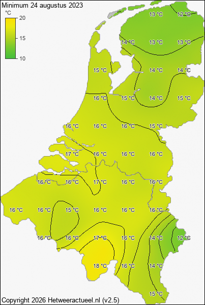 Minimum temperatuur 24 augustus 2023