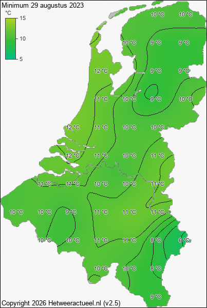 Minimum temperatuur 29 augustus 2023