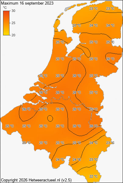 Maximum temperatuur 16 september 2023