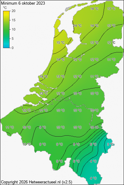 Minimum temperatuur 6 oktober 2023