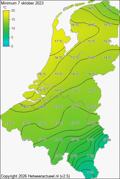 Minimum temperatuur 7 oktober 2023