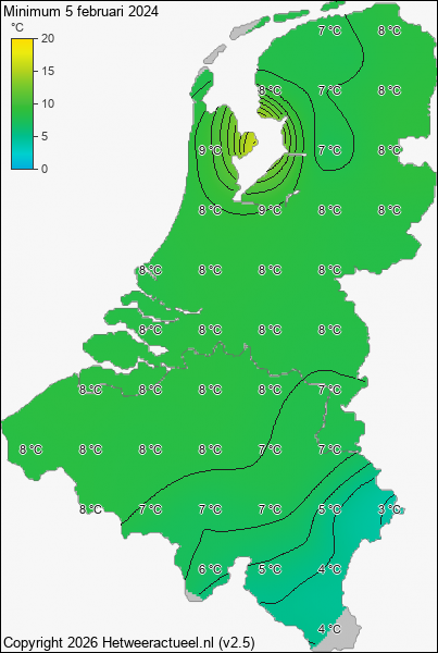 Minimum temperatuur 5 februari 2024