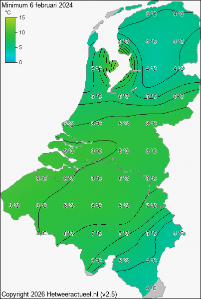 Minimum temperatuur 6 februari 2024