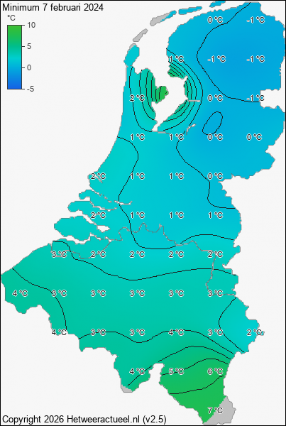 Minimum temperatuur 7 februari 2024