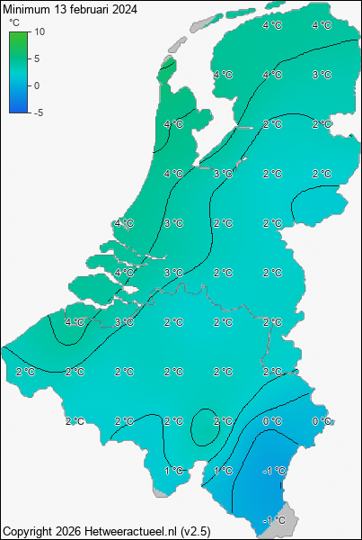 Minimum temperatuur 13 februari 2024