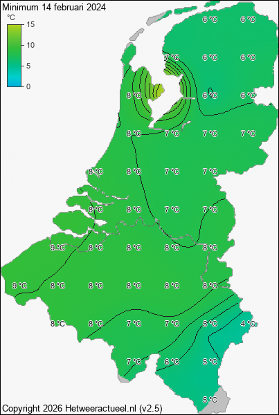 Minimum temperatuur 14 februari 2024