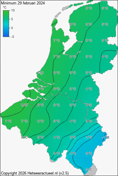 Minimum temperatuur 29 februari 2024
