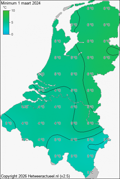 Minimum temperatuur 1 maart 2024
