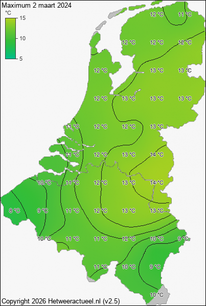 Maximum temperatuur 2 maart 2024