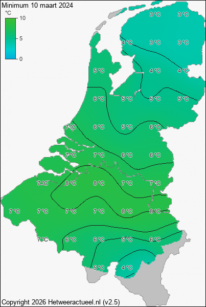 Minimum temperatuur 10 maart 2024