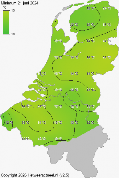 Minimum temperatuur 21 juni 2024