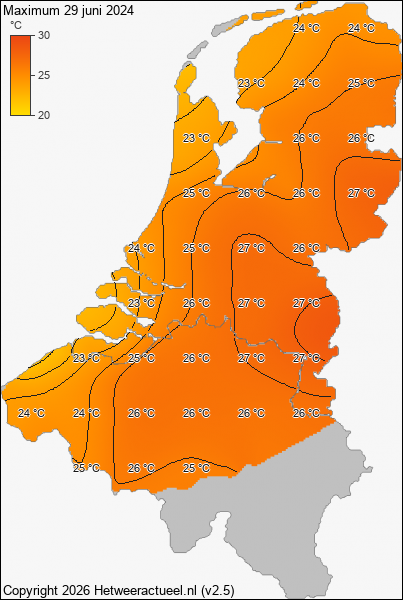 Maximum temperatuur 29 juni 2024