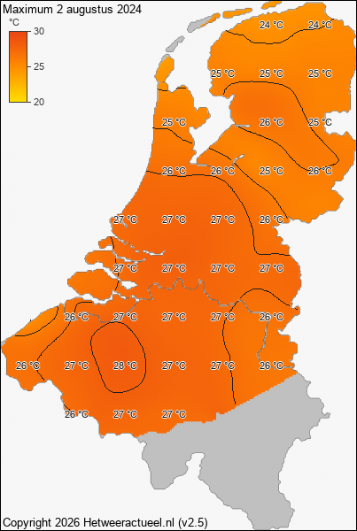 Maximum temperatuur 2 augustus 2024