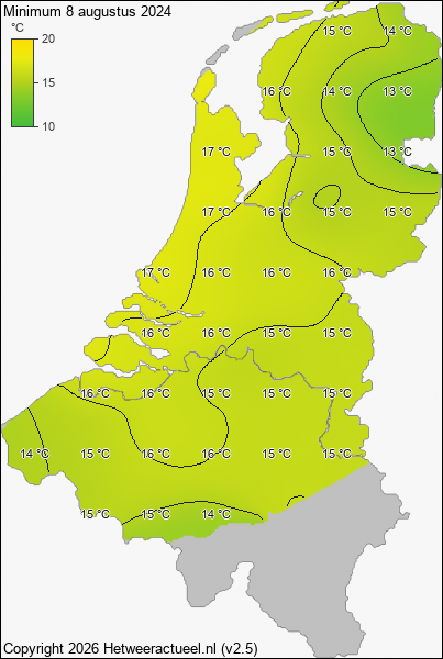 Minimum temperatuur 8 augustus 2024