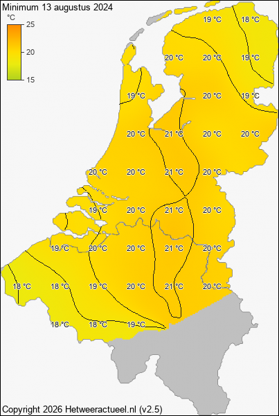 Minimum temperatuur 13 augustus 2024