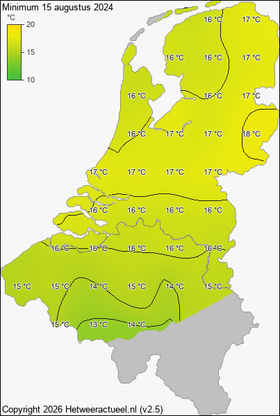 Minimum temperatuur 15 augustus 2024
