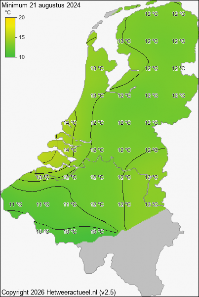 Minimum temperatuur 21 augustus 2024