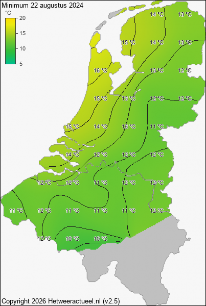Minimum temperatuur 22 augustus 2024