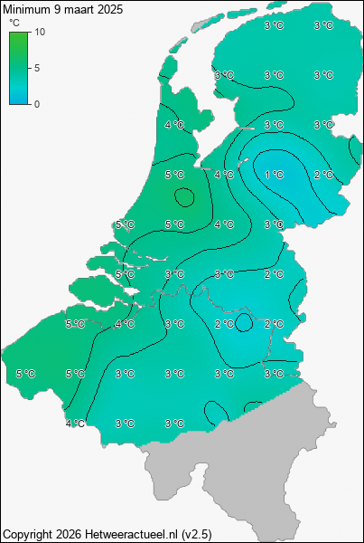 Minimum temperatuur 9 maart 2025