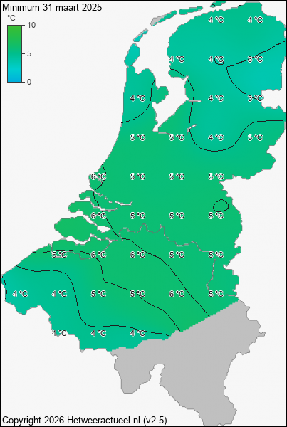 Minimum temperatuur 31 maart 2025