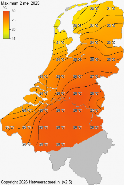 Maximum temperatuur 2 mei 2025