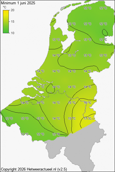 Minimum temperatuur 1 juni 2025