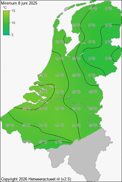 Minimum temperatuur 8 juni 2025
