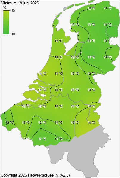 Minimum temperatuur 19 juni 2025