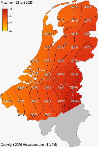Maximum temperatuur 22 juni 2025
