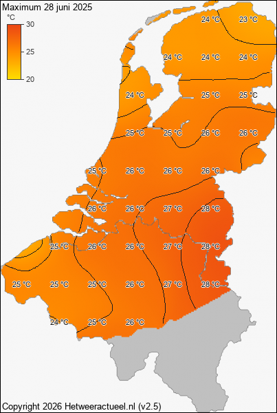 Maximum temperatuur 28 juni 2025