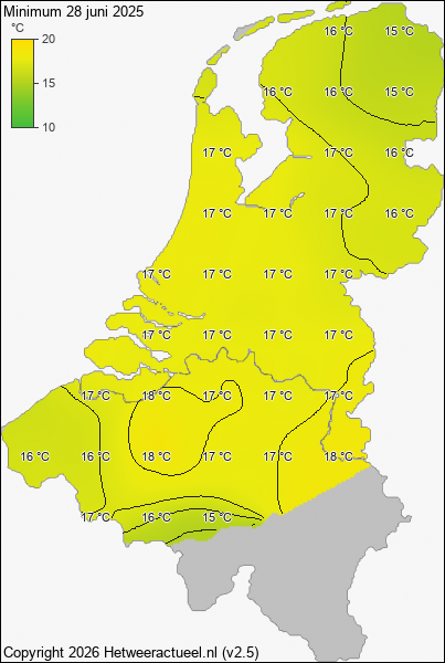 Minimum temperatuur 28 juni 2025